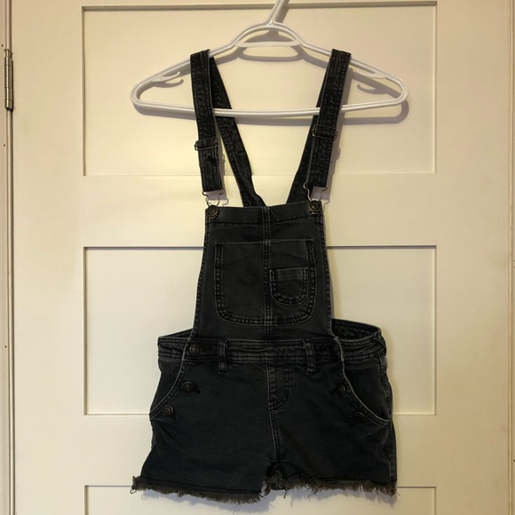 Dark gray short denim overalls - Picture 1 of 5